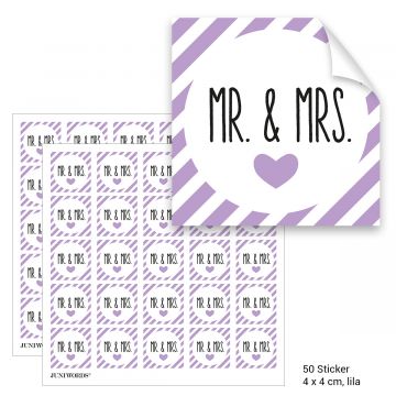 Geschenktüten mit Aufklebern "Mr. & Mrs." - lila gestreift