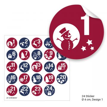 Adventskalendertüten mit Aufklebern "Zahlen und Motive blau/rot"
