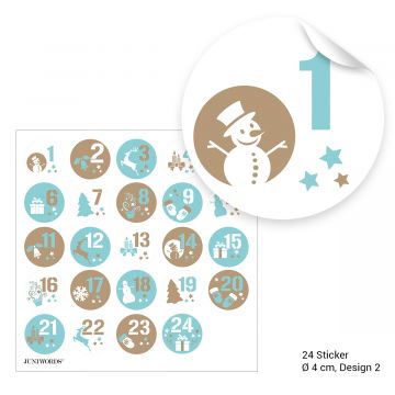 Adventskalendertüten mit Aufklebern "Zahlen und Motive türkis/braun"