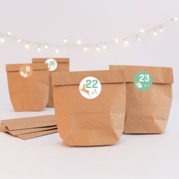 Adventskalendertüten mit Aufklebern "Zahlen und Motive mint/braun"