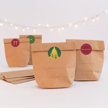 Adventskalendertüten mit Aufklebern "rot/grün mit goldenen Zahlen"