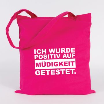 JUNIWORDS Jutebeutel Ich wurde positiv auf Müdigkeit getestet. Pink
