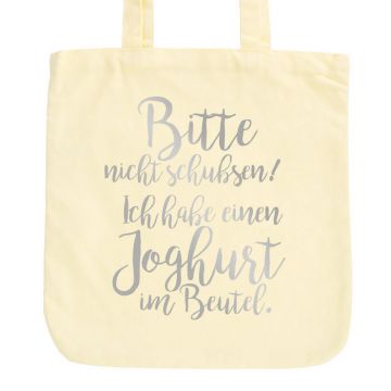 JUNIWORDS Pastell Jutebeutel Bitte nicht schubsen! Ich habe einen Joghurt im Beutel.