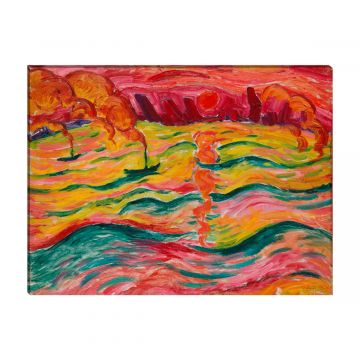 Flusslandschaft mit Schiffen und roter Sonne Leinwandbild