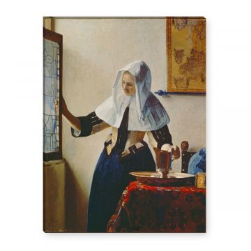 Leinwandbild junge frau mit wasserkrug am fenster