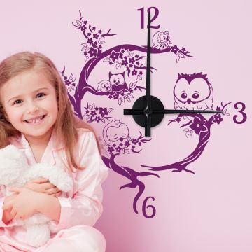Wandtattoo Uhr - Süße Eulen im Blütenbaum