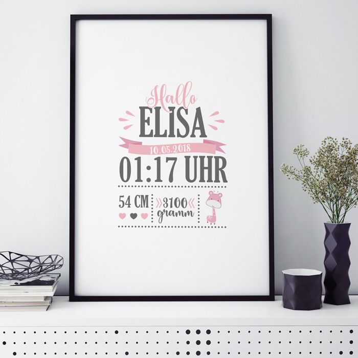Giraffe Rosa individualisierbares Geburtsposter