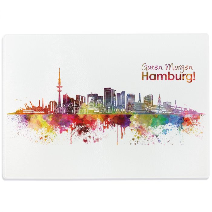 Glasschneidebrett Aquarell Skyline Hamburg