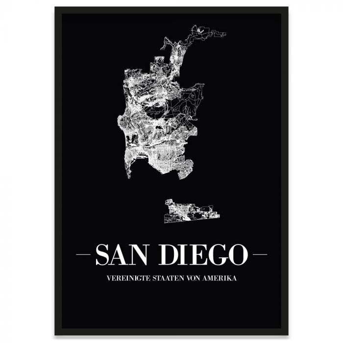 Stadtposter San Diego mit Straßen und Rahmen