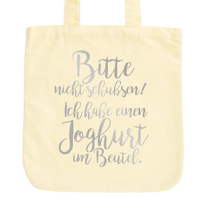 JUNIWORDS Pastell Jutebeutel Bitte nicht schubsen! Ich habe einen Joghurt im Beutel.